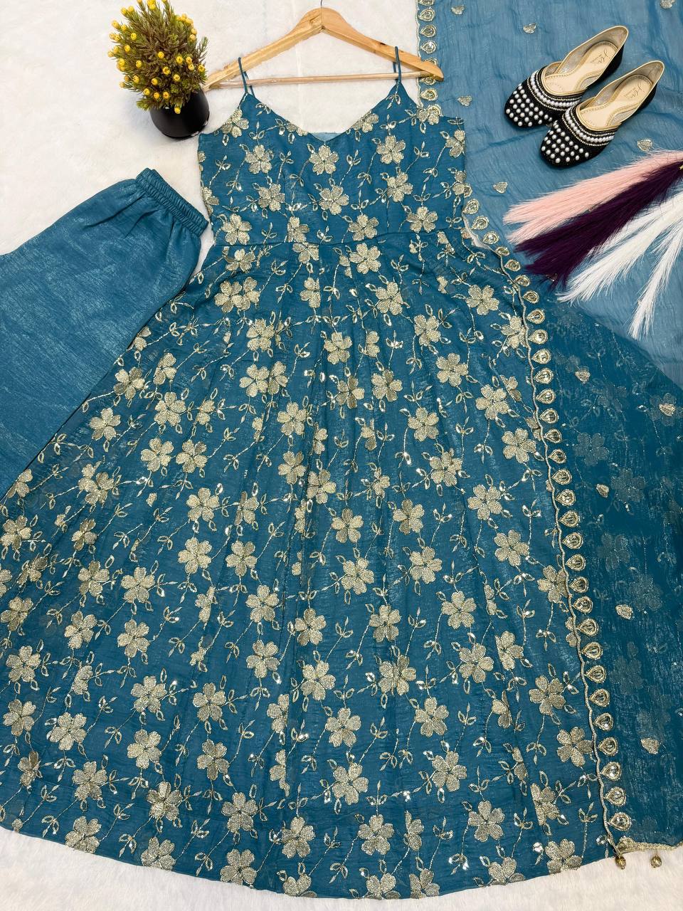 Rama Green Floral Couture Set - Evening Wear